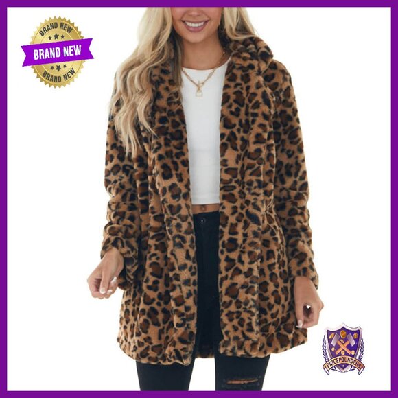 Women's Faux Fur Leopard Jacket Open Front Pockets Loose Fit